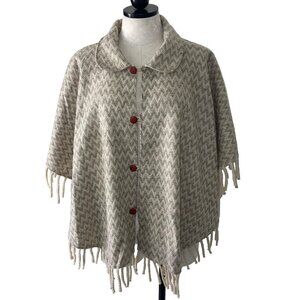 Artilana Vintage Womens Poncho One Size Tan Button Down Fringe Cape Zig Zag